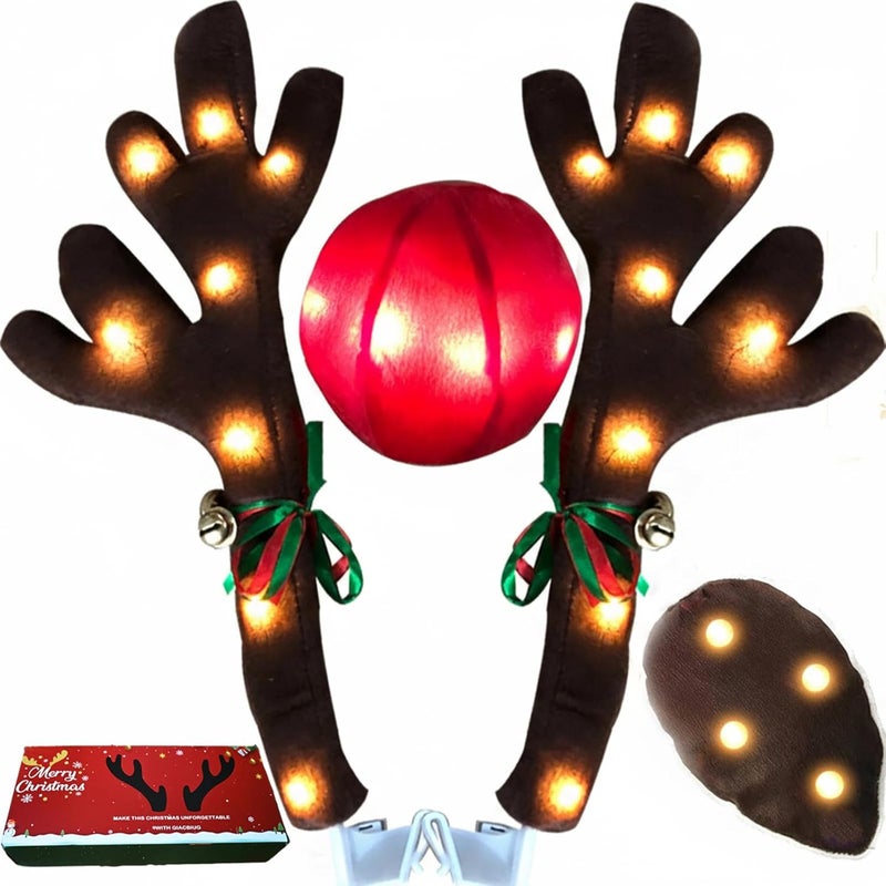 GlACBIUG Christmas Car Reindeer Antlers & Nose Tail Kit with Jingle Bells, 2025 Cute Rudolph Car Costume for SUV, Van, Truck - Warm Lights Auto Holiday Decor - Image 1